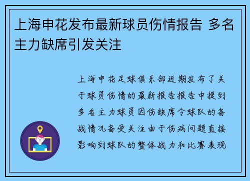 上海申花发布最新球员伤情报告 多名主力缺席引发关注 上海申花发布最新球员伤情报告 多名主力缺席引发关注