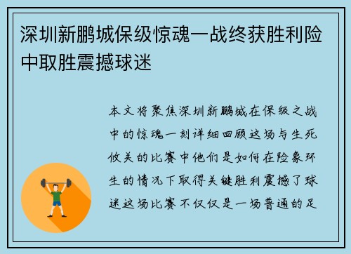 深圳新鹏城保级惊魂一战终获胜利险中取胜震撼球迷